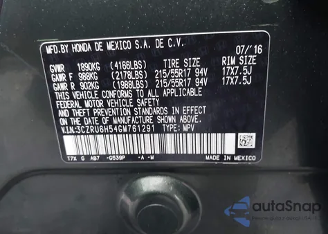 2016 Honda Hr-V Ex z USA, uszkodzony, nr VIN 3CZRU6H54GM761291